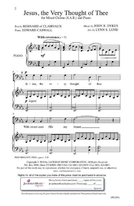 Jesus The Very Thought Of Thee Sab Lund | Sheet Music | Jackman Music