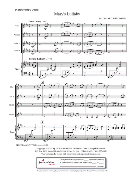 Marys Lullaby Four Violins | Sheet Music | Jackman Music