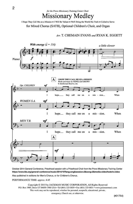 Missionary Medley Ssatbb Opt Children And Piano | Sheet Music | Jackman Music