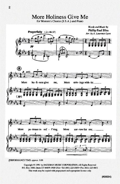 More Holiness Give Me Ssa | Sheet Music | Jackman Music