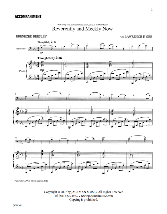 Reverently And Meekly Now Cello Solo | Sheet Music | Jackman Music