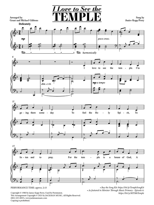 I Love to See the Temple - Children's Chorus | Sheet Music | Jackman Music
