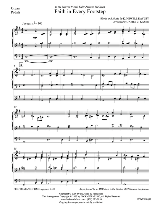 Faith in Every Footstep - SATB - Kasen General Conference Music Organ Accompaniment Part | Sheet Music | Jackman Music