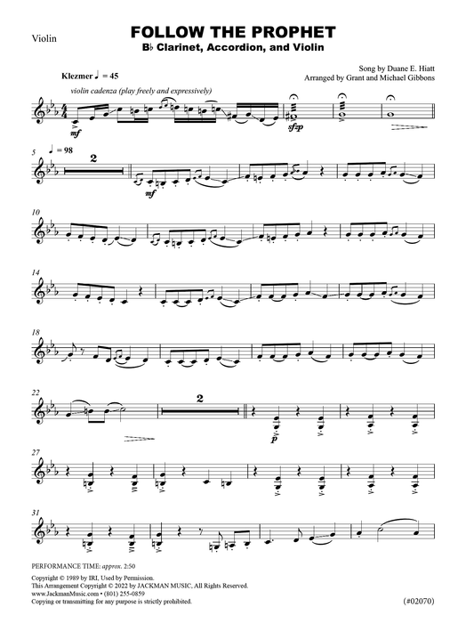 Follow the Prophet - Instrumental Parts Violin page 1 | Sheet Music | Jackman Music