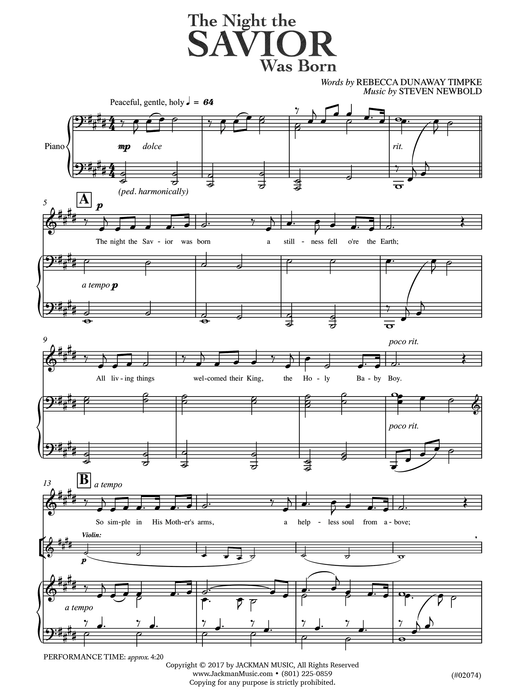 The Night the Savior Was Born - Medium Voice, Violin, and Cello pg. 2 | Sheet Music | Jackman Music