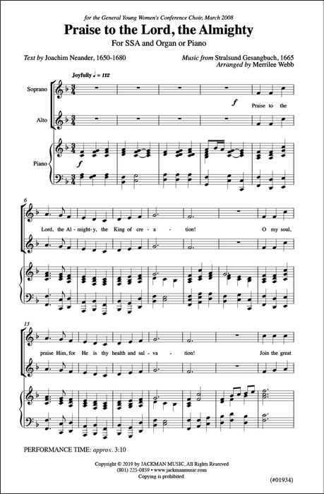 Praise To The Lord The Almighty Ssa | Sheet Music | Jackman Music