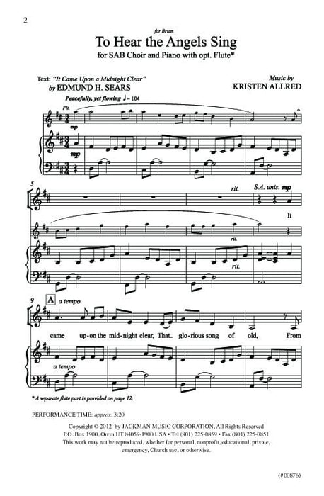 To Hear The Angels Sing Sab With Opt Flute | Sheet Music | Jackman Music