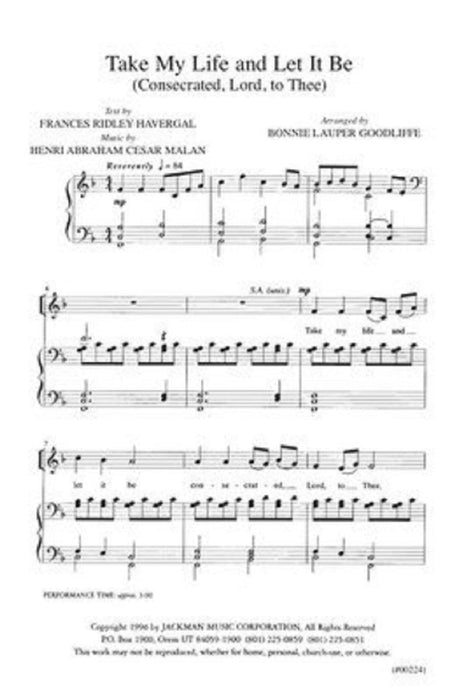 Take My Life And Let It Be Ssa | Sheet Music | Jackman Music