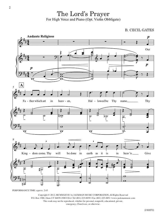The Lords Prayer Vocal Solo High | Sheet Music | Jackman Music