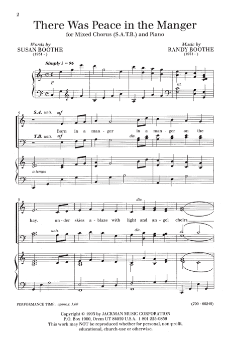 There Was Peace In The Manger Satb | Sheet Music | Jackman Music