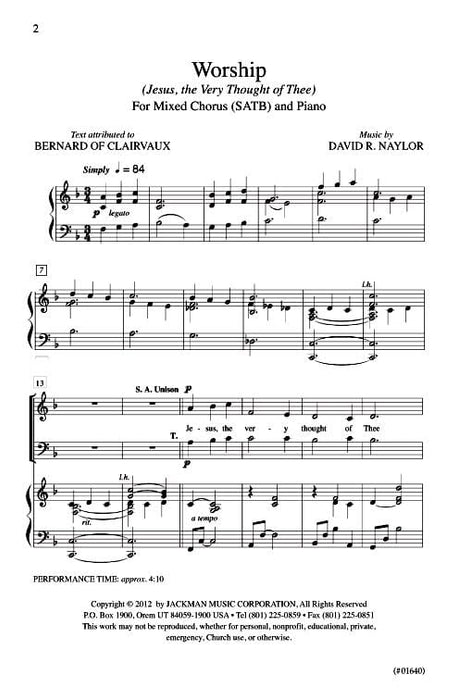 Worship Jesus The Very Thought Of Thee Satb | Sheet Music | Jackman Music