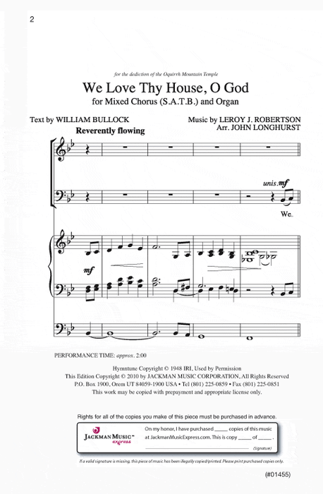We Love Thy House O God Satb W Organ | Sheet Music | Jackman Music