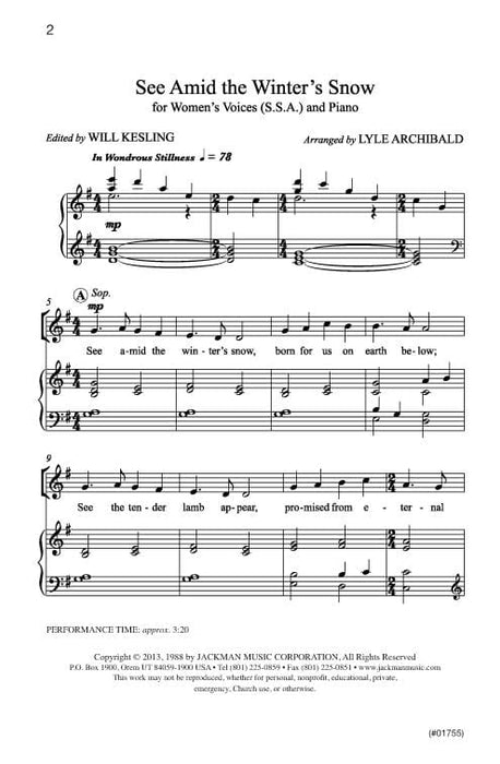 See Amid The Winters Snow Ssa Archibald | Sheet Music | Jackman Music